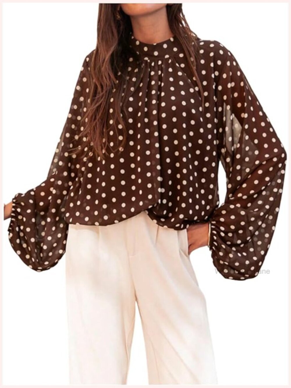 Chiffon Polka Dot Blouse Long Sleeve Mock Neck Top